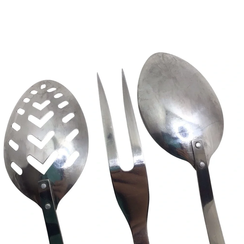 Vintage Japan Stainless Steel 3 Pc Serving Set Wood Handle Spoon Fork Utensils